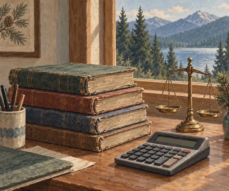 Ledger books, a calculator and a brass scale on a desk by a window with pine trees outside (an illustration).