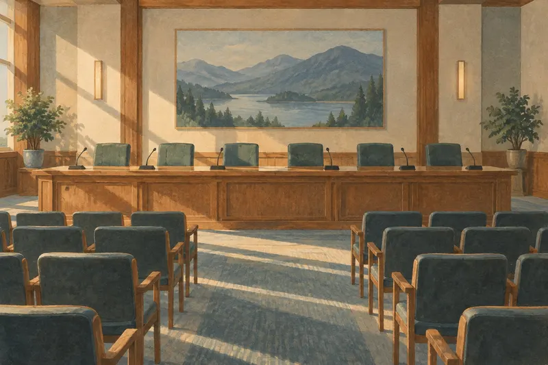 An empty council meeting room with a long wooden table, microphones and rows of chairs (an illustration).