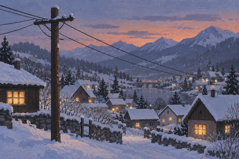 A snowy mountain town at dusk with a wooden power pole and lit windows (an illustration, not a real place).