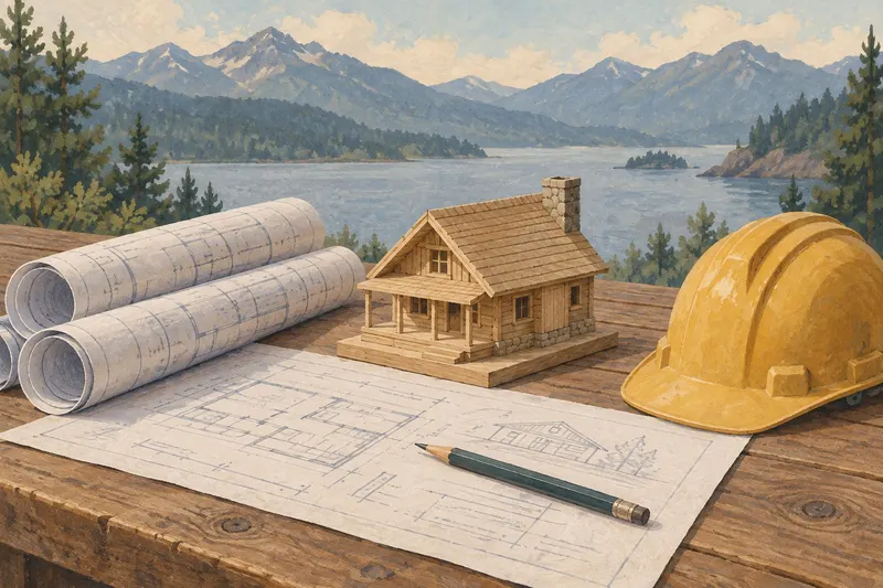 Rolled blueprints, a pencil, a hard hat and a small wooden cabin model on a table (an illustration).
