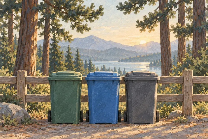 Three trash and recycling bins beside a wooden fence under tall pines (an illustration).
