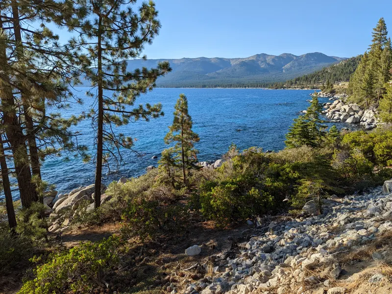 Pine trees and a rocky slope beside the East Shore Trail, looking out over Lake Tahoe.