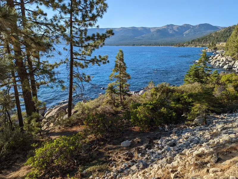 Pines and rocks framing a wide blue view of Lake Tahoe from the East Shore Trail.